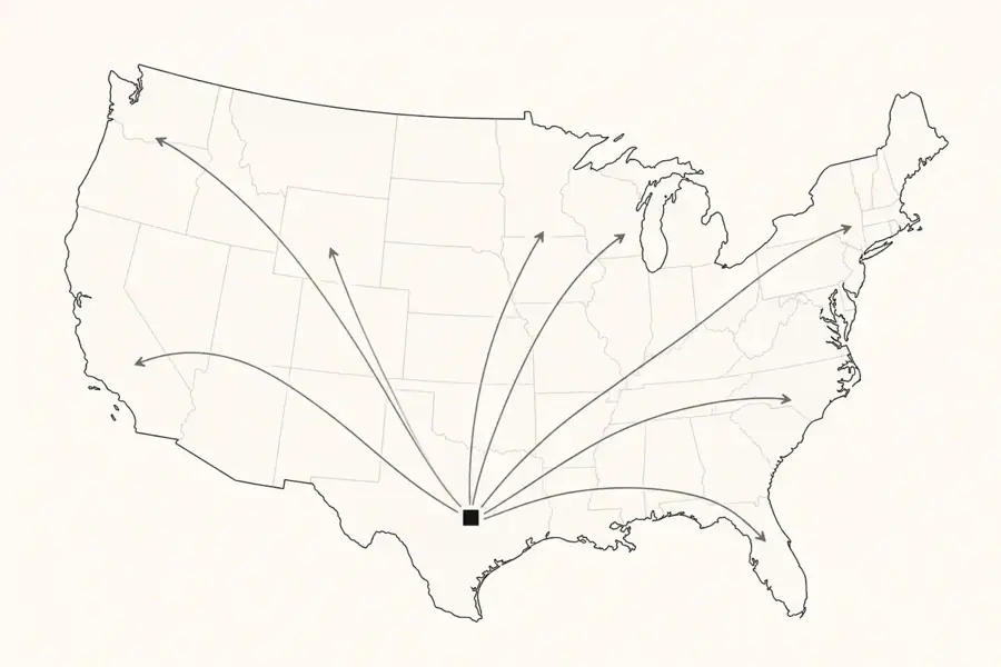 Map showing delivery routes from a Texas warehouse across the contiguous United States